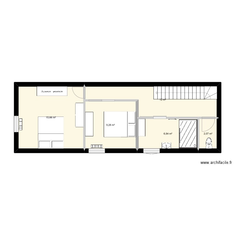 1er Etage meublé. Plan de 5 pièces et 46 m2