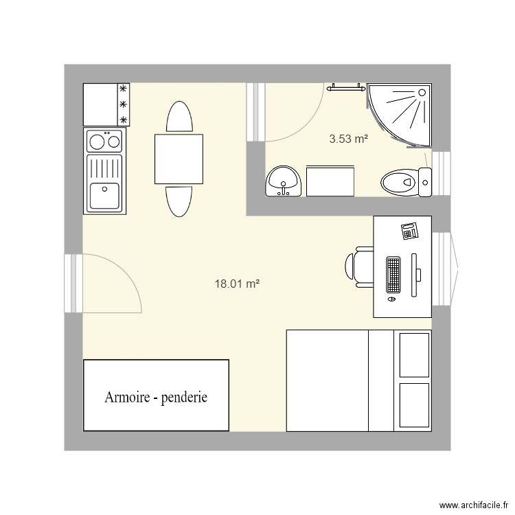 cHAMBRE 1. Plan de 2 pièces et 22 m2