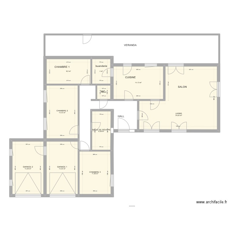 murs ET portes. Plan de 10 pièces et 125 m2