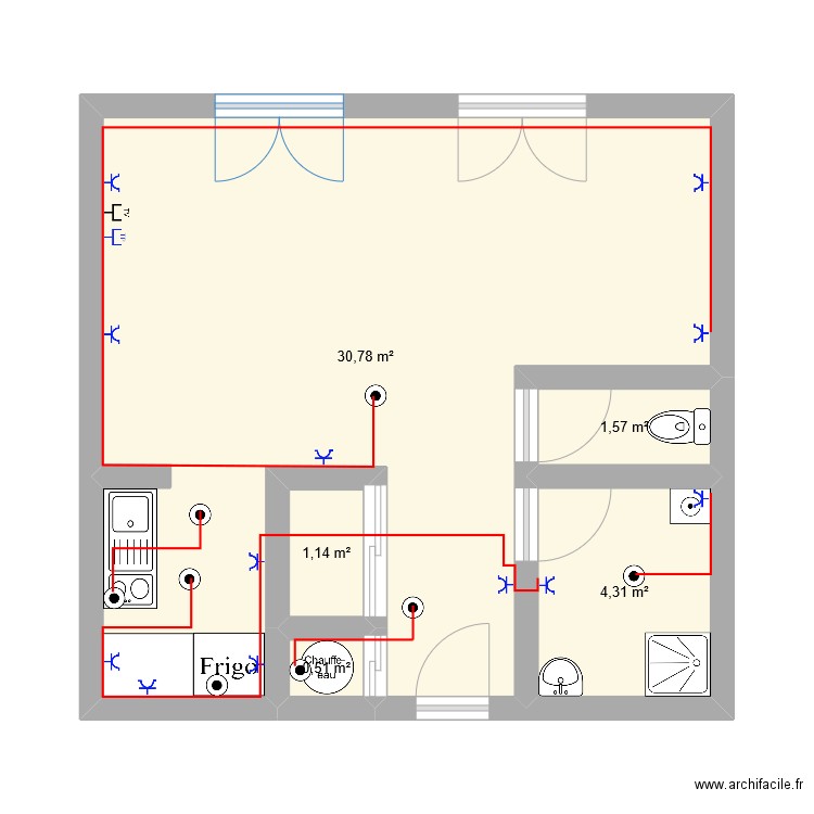 prise de courant. Plan de 5 pièces et 38 m2