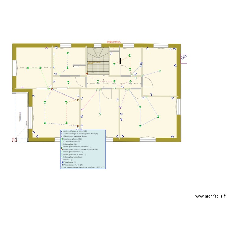 Electricité étage. Plan de 10 pièces et 87 m2