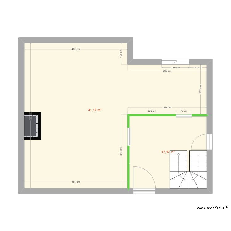 Piedalloues_RDC_Vide. Plan de 2 pièces et 53 m2