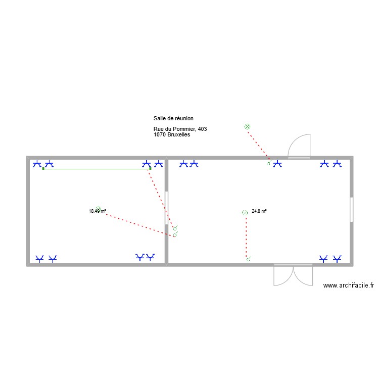 Pommier salle de réunion. Plan de 2 pièces et 43 m2