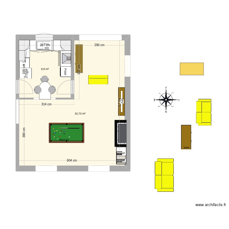 Plan Séjour_Salon special billard. Plan de 2 pièces et 43 m2