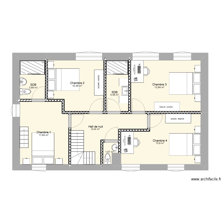 Idée 1er étage Parette. Plan de 8 pièces et 69 m2