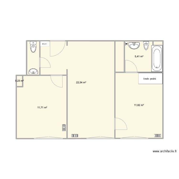 T2 Versailles. Plan de 5 pièces et 52 m2