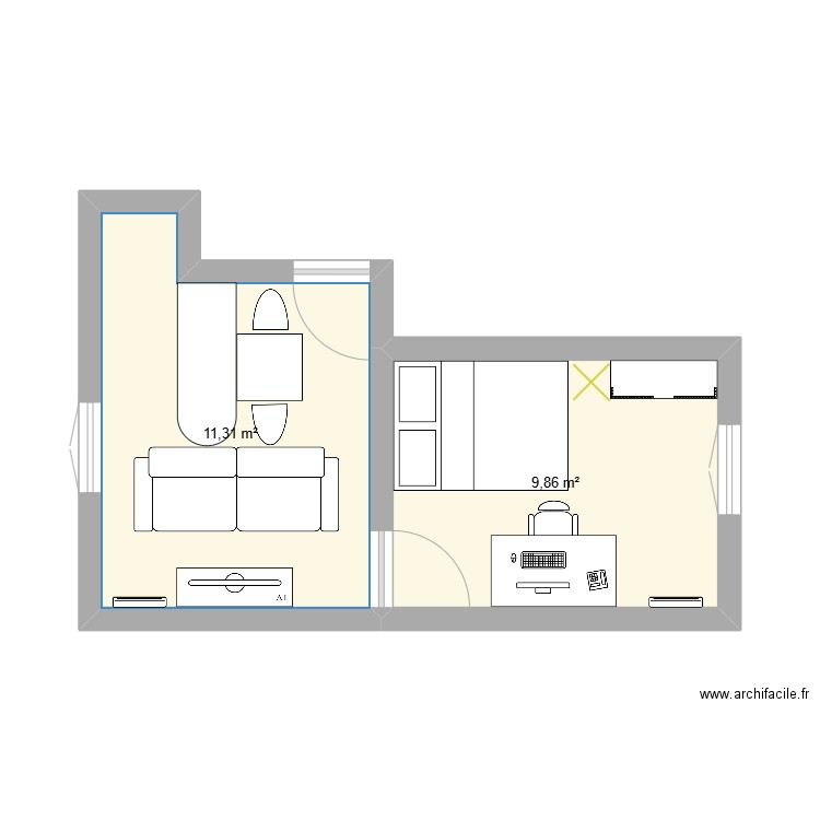 new home. Plan de 2 pièces et 21 m2