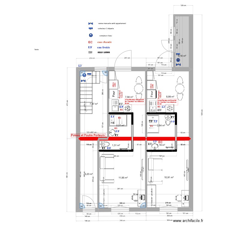 immeuble1 RDC Plomb V2 2 studios. Plan de 11 pièces et 64 m2