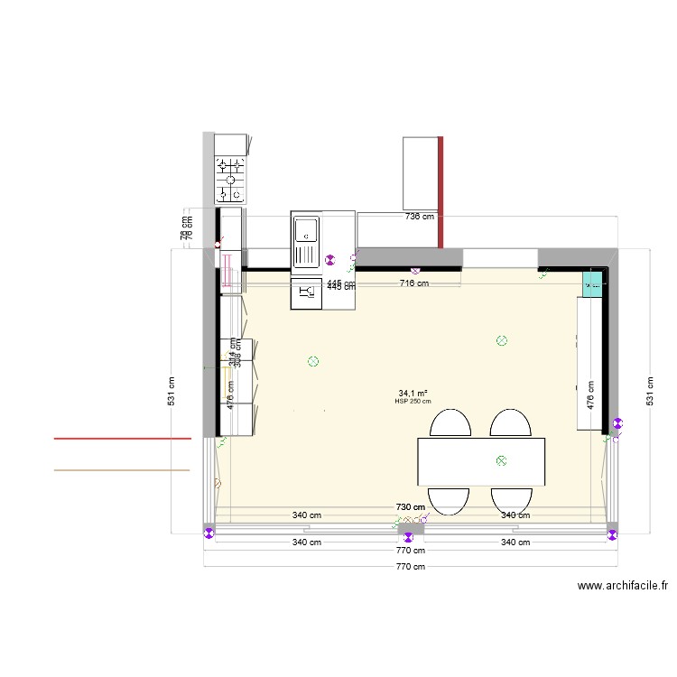 Extension cuisine avec éclairage et interrupteurs. Plan de 1 pièce et 34 m2