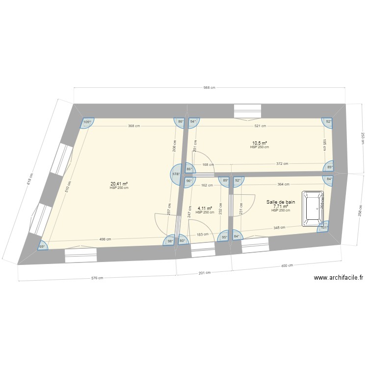 rdc. Plan de 4 pièces et 43 m2