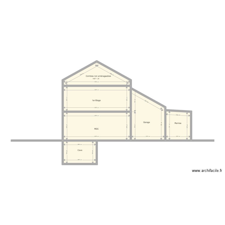 Coupe vec remise et cave. Plan de 6 pièces et 59 m2