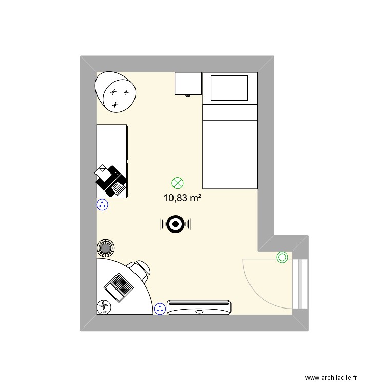 chambre. Plan de 1 pièce et 11 m2