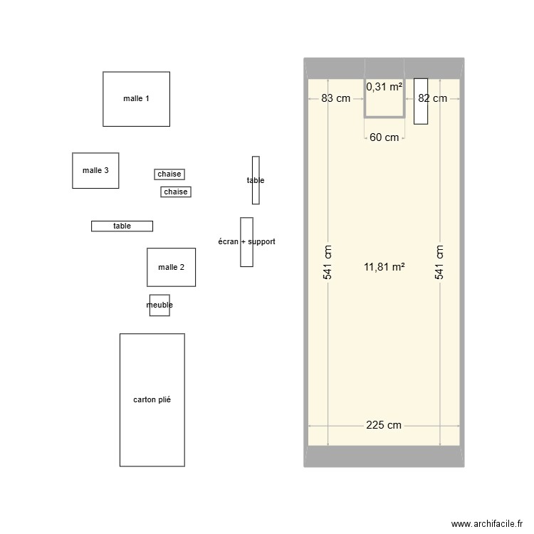 contenaire rentré. Plan de 2 pièces et 12 m2