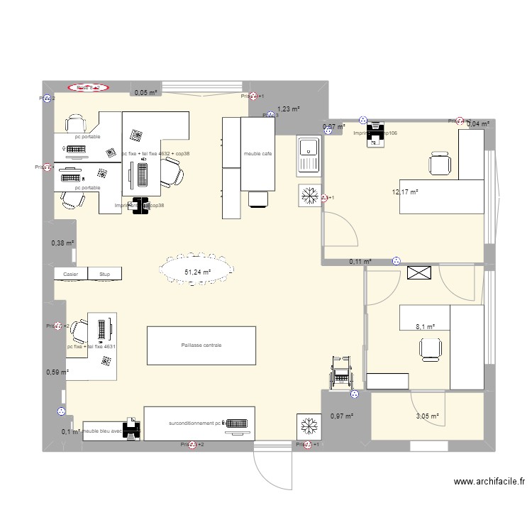 bureau pui. Plan de 13 pièces et 78 m2