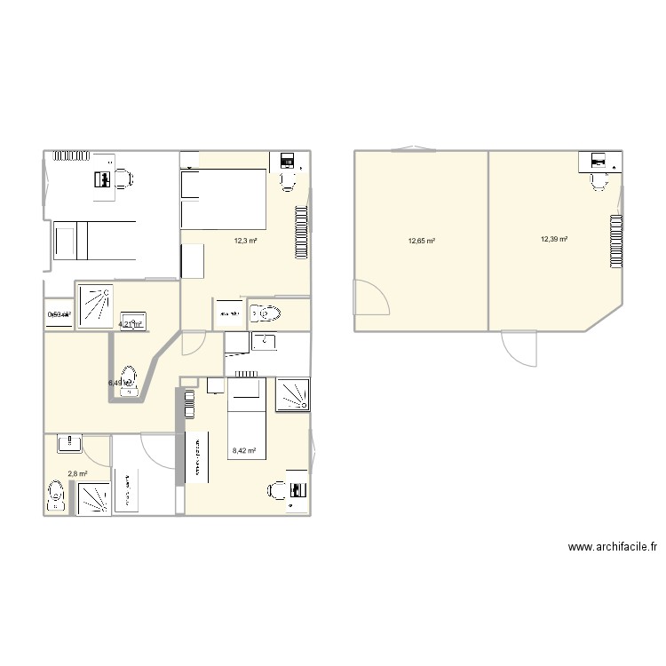 colocation. Plan de 8 pièces et 60 m2