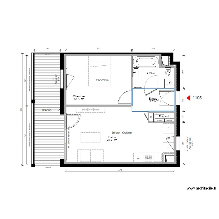 PLAN SOHA. Plan de 5 pièces et 44 m2