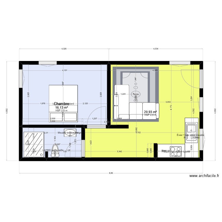 Diby ka. Plan de 2 pièces et 37 m2