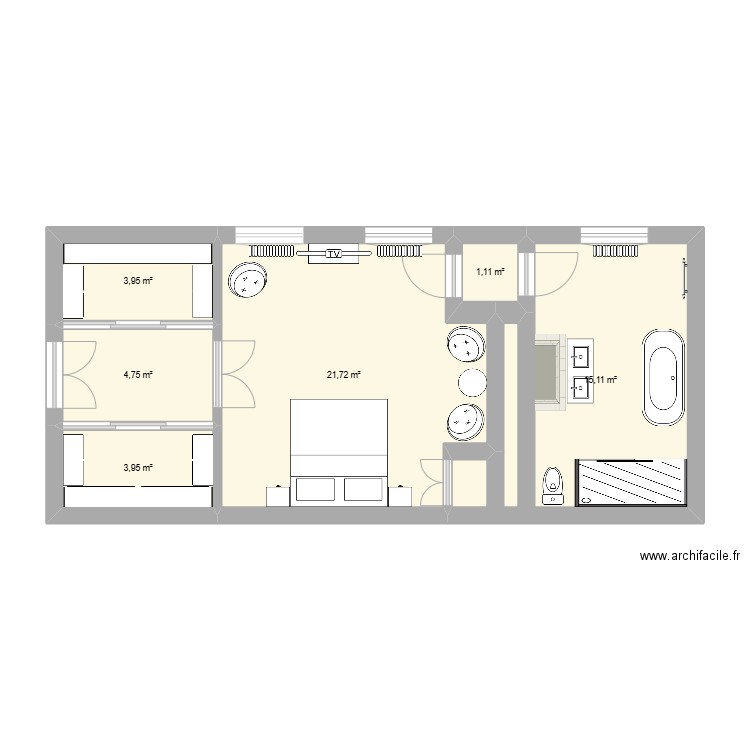 Chambre. Plan de 6 pièces et 51 m2