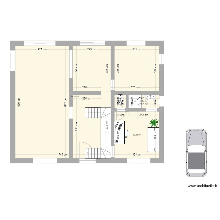 RDC maison. Plan de 4 pièces et 91 m2