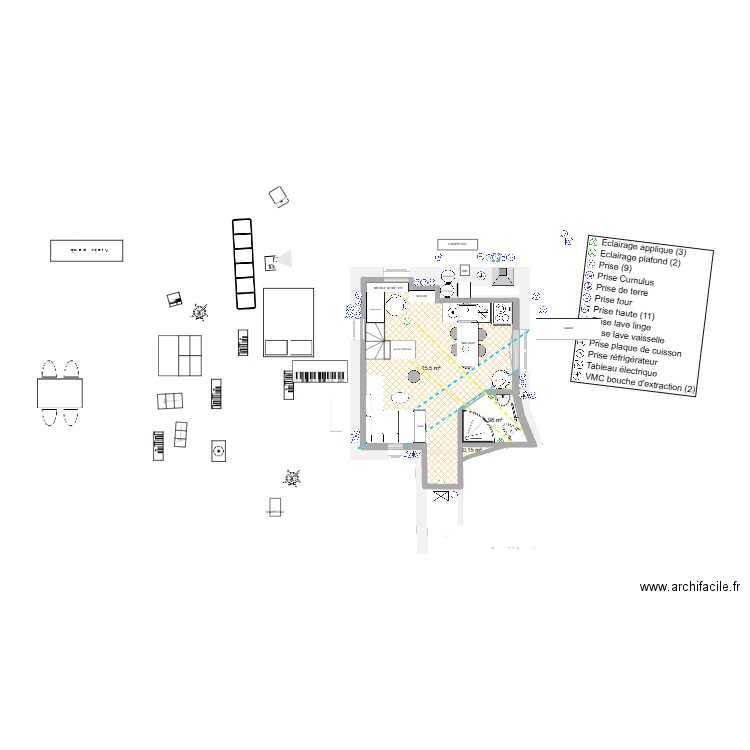 BOITE compact kitvhen. Plan de 3 pièces et 18 m2