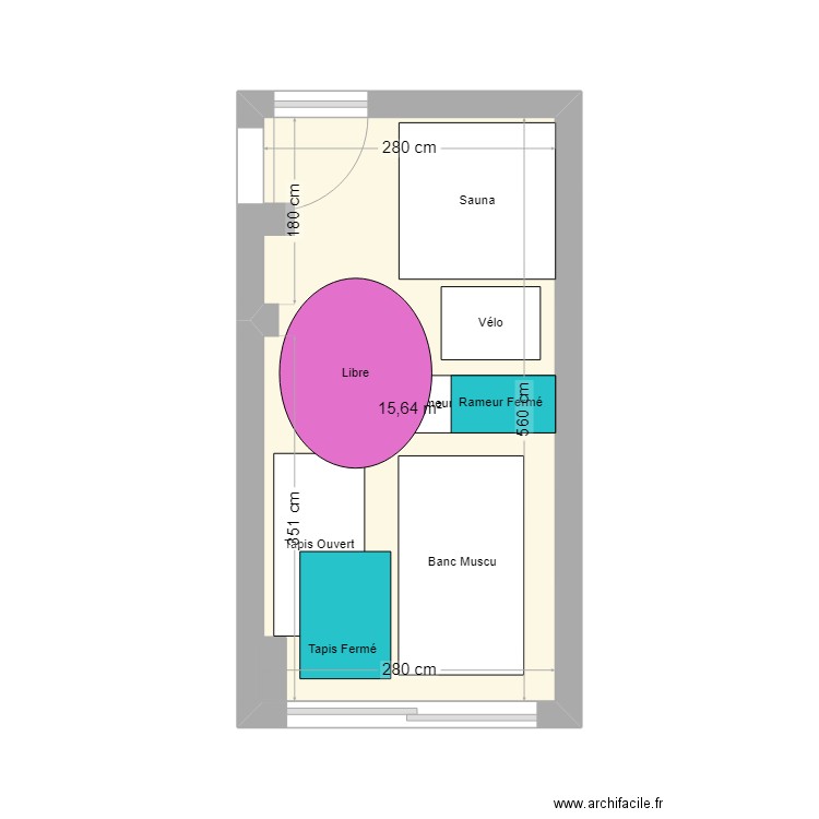 Salle de sport. Plan de 1 pièce et 16 m2