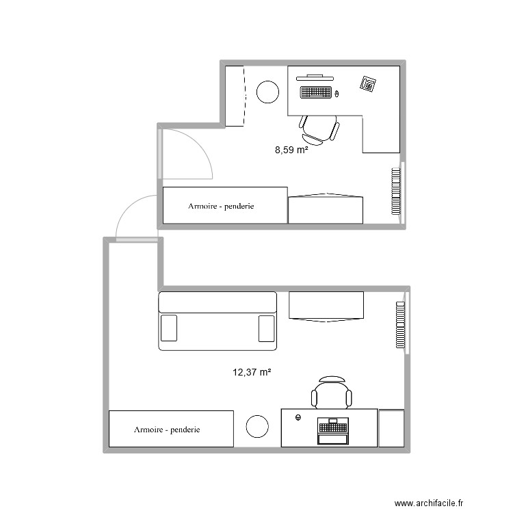 Bureau + Chambre ami vierge. Plan de 2 pièces et 21 m2