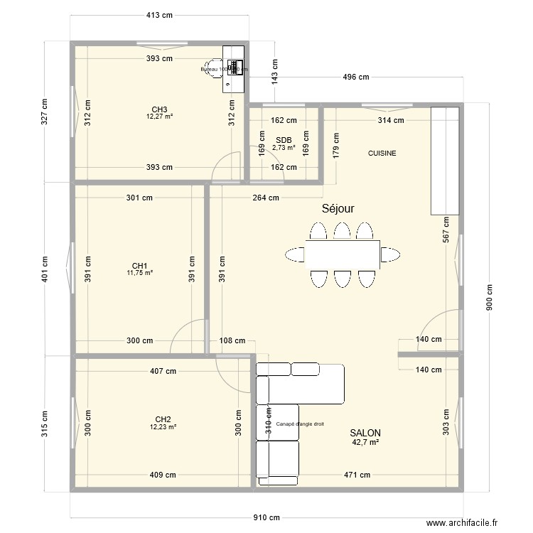 Houara RDC. Plan de 5 pièces et 82 m2