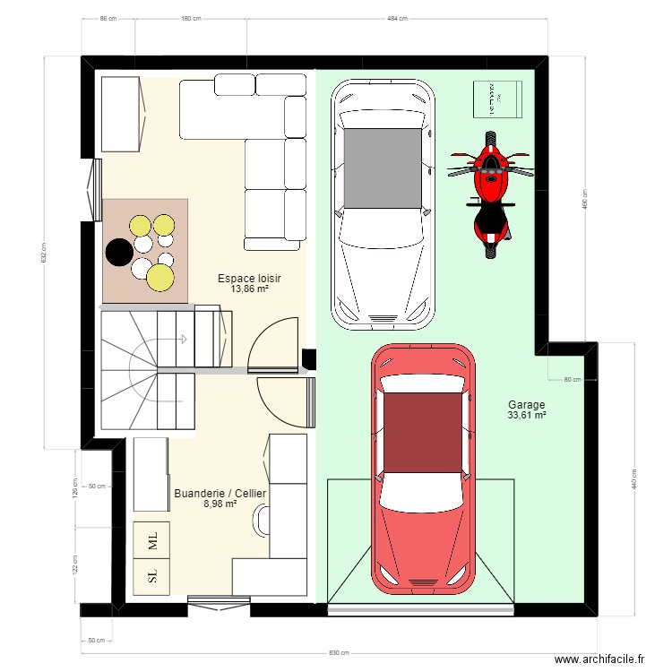 GARAGE. Plan de 4 pièces et 88 m2