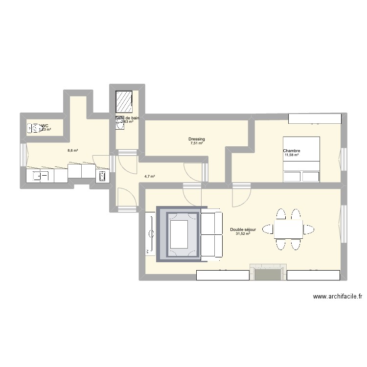 Tassin appart. Plan de 7 pièces et 68 m2