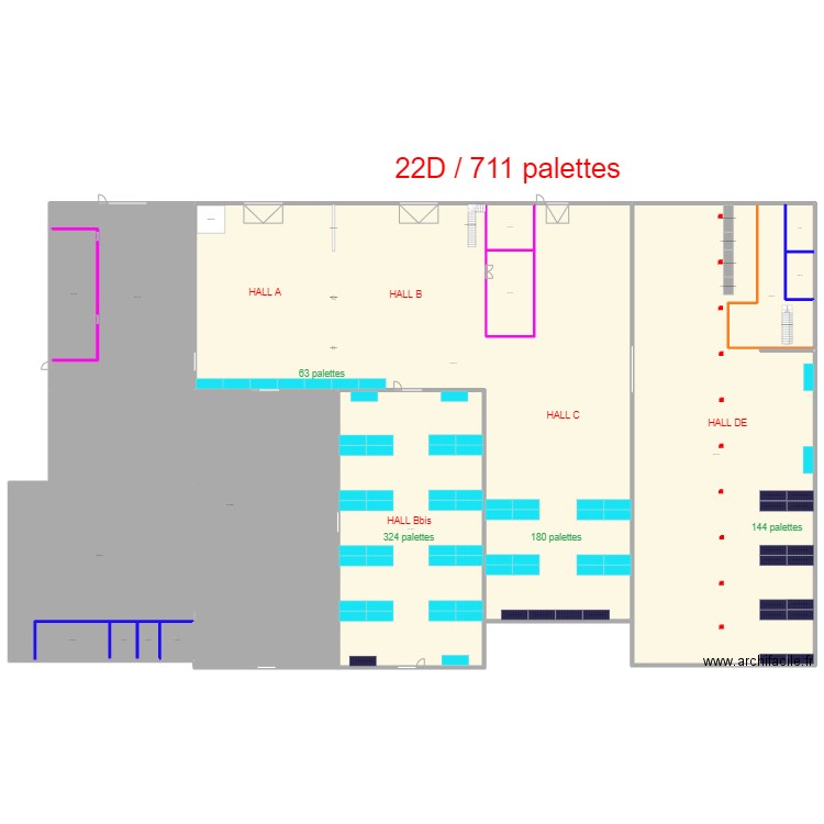 22D 2650m² Rayonnage Prévisionnel. Plan de 16 pièces et 3943 m2