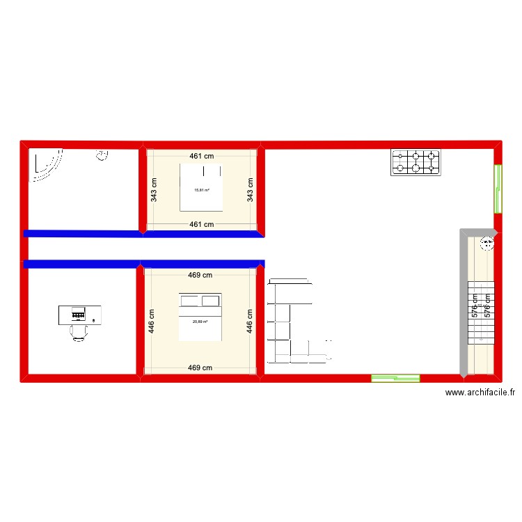 Frederick. Plan de 3 pièces et 43 m2