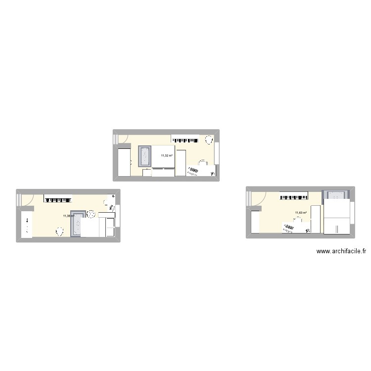 chambre. Plan de 3 pièces et 34 m2