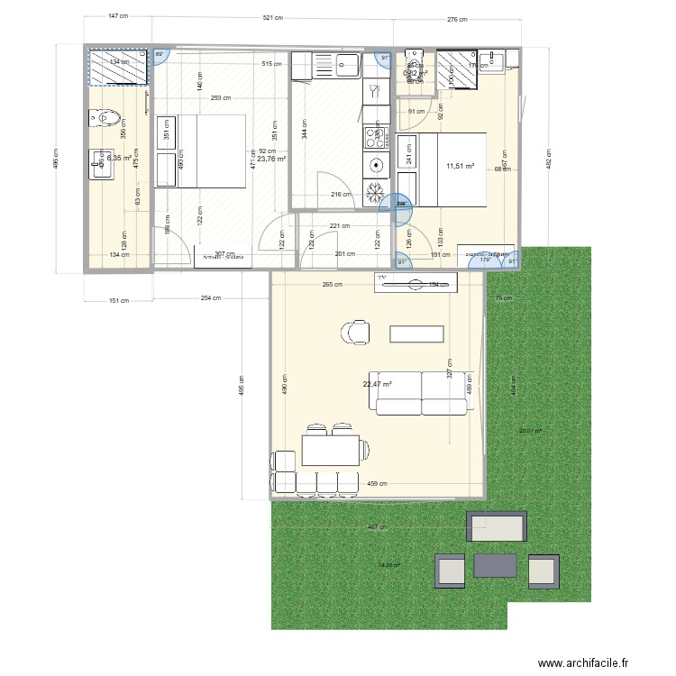 f3 violet extension sur escalier 3. Plan de 5 pièces et 65 m2