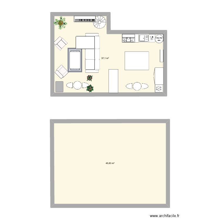 Maison. Plan de 2 pièces et 83 m2