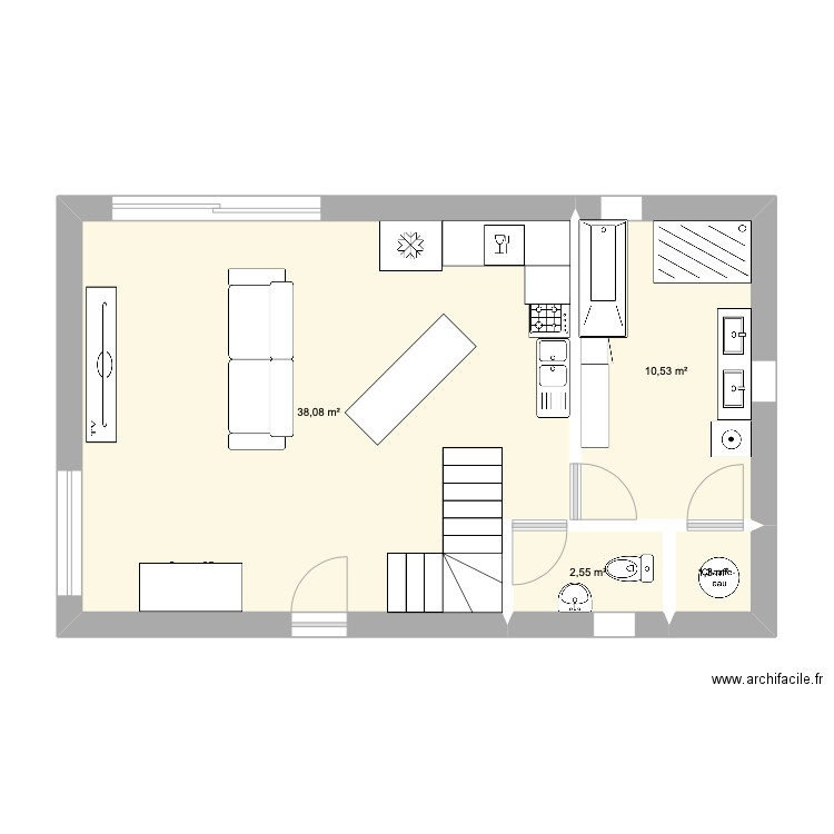 RDC. Plan de 4 pièces et 52 m2