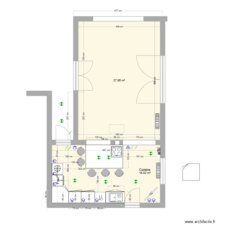 Cuisine travaux 3. Plan de 2 pièces et 46 m2