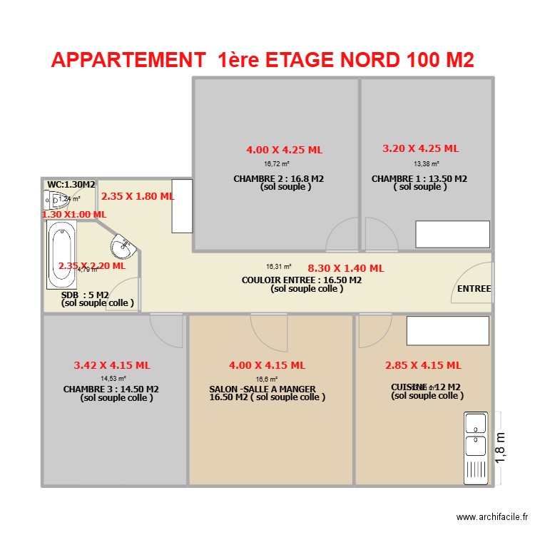 SCI LE POUZIN APPARTEMENT NORD 1 ETAGE. Plan de 8 pièces et 97 m2