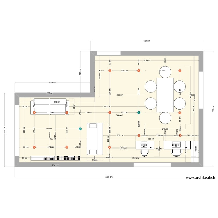 Salon. Plan de 1 pièce et 56 m2