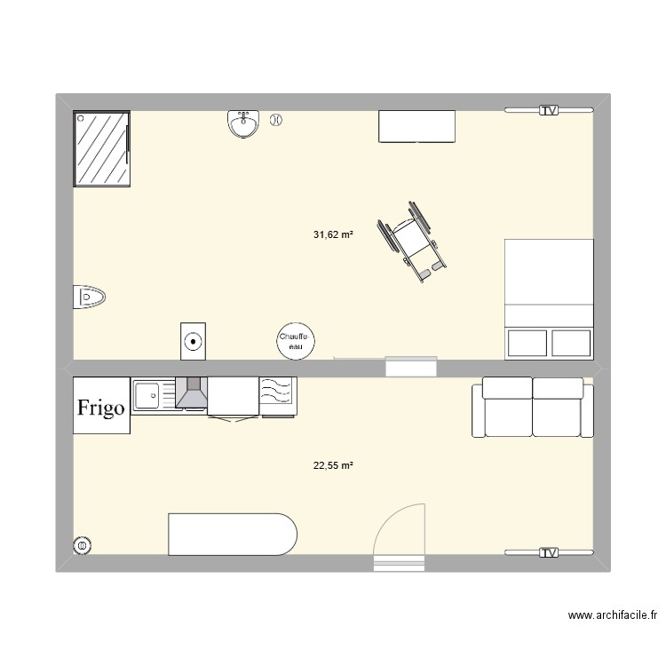 Appartement aux normes. Plan de 2 pièces et 54 m2