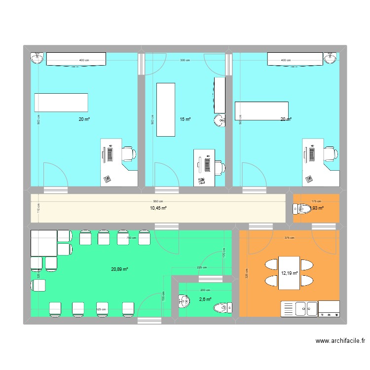 Cabinet 3 céllules. Plan de 8 pièces et 103 m2