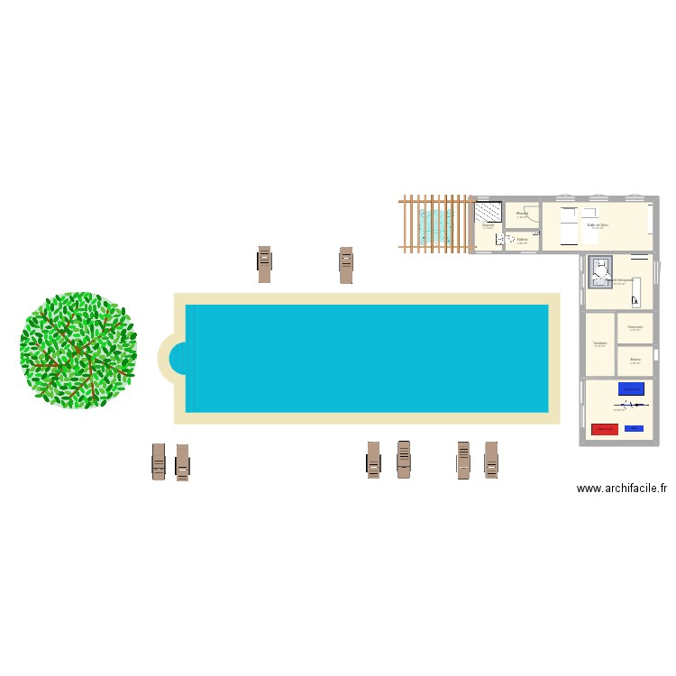 piscine HC. Plan de 9 pièces et 55 m2