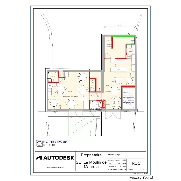 Projet restaurant avec ouverture et WC milieu. Plan de 10 pièces et 126 m2