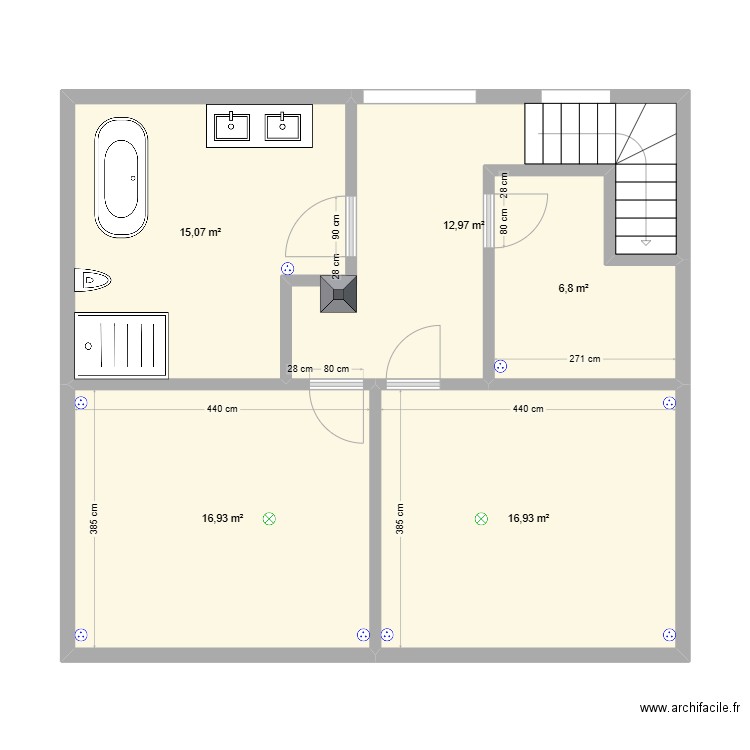 Comble. Plan de 4 pièces et 67 m2