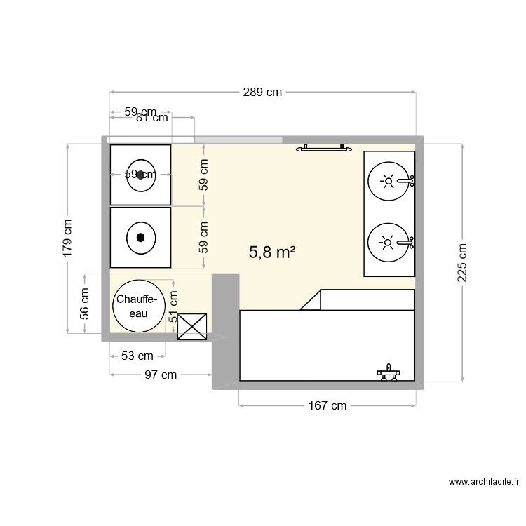 Salle de bain étage. Plan de 1 pièce et 6 m2