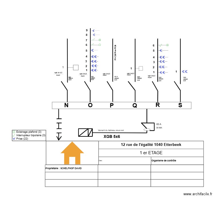 Schéma unifilaire 1er étage. Plan de 4 pièces et 1 m2