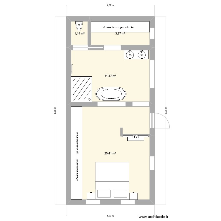 chambre parentale 2. Plan de 4 pièces et 37 m2