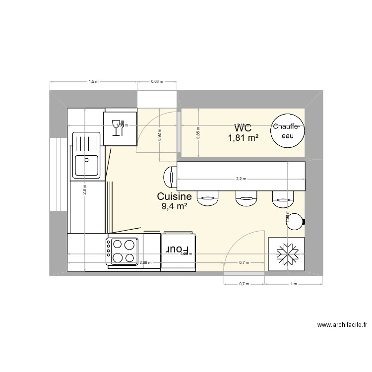 CUISINE ACTUEL. Plan de 2 pièces et 11 m2