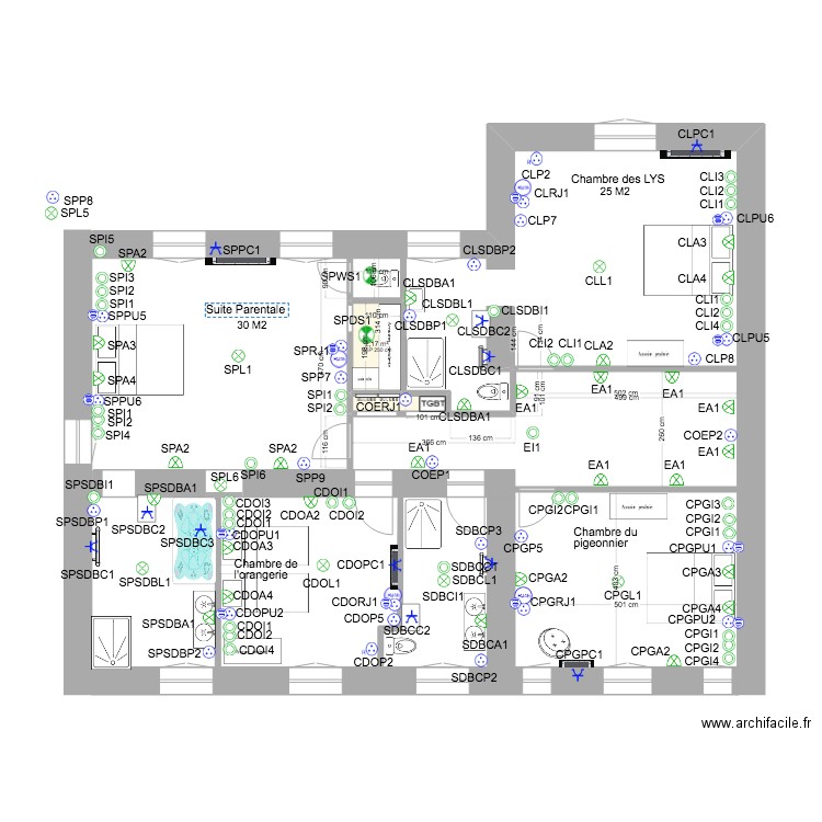 manoir premier étage . Plan de 2 pièces et 3 m2