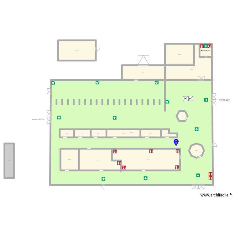 plan d'evacuation. Plan de 18 pièces et 1097 m2