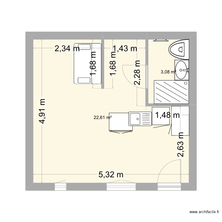 Jacob. Plan de 2 pièces et 26 m2